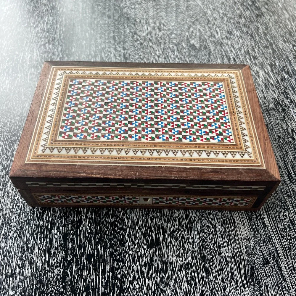 Vintage Wooden Marquetry Jewelry Box White,‎ Red, Green, Blue